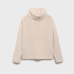 Mango Cream Open-Knit Turtleneck Sweater